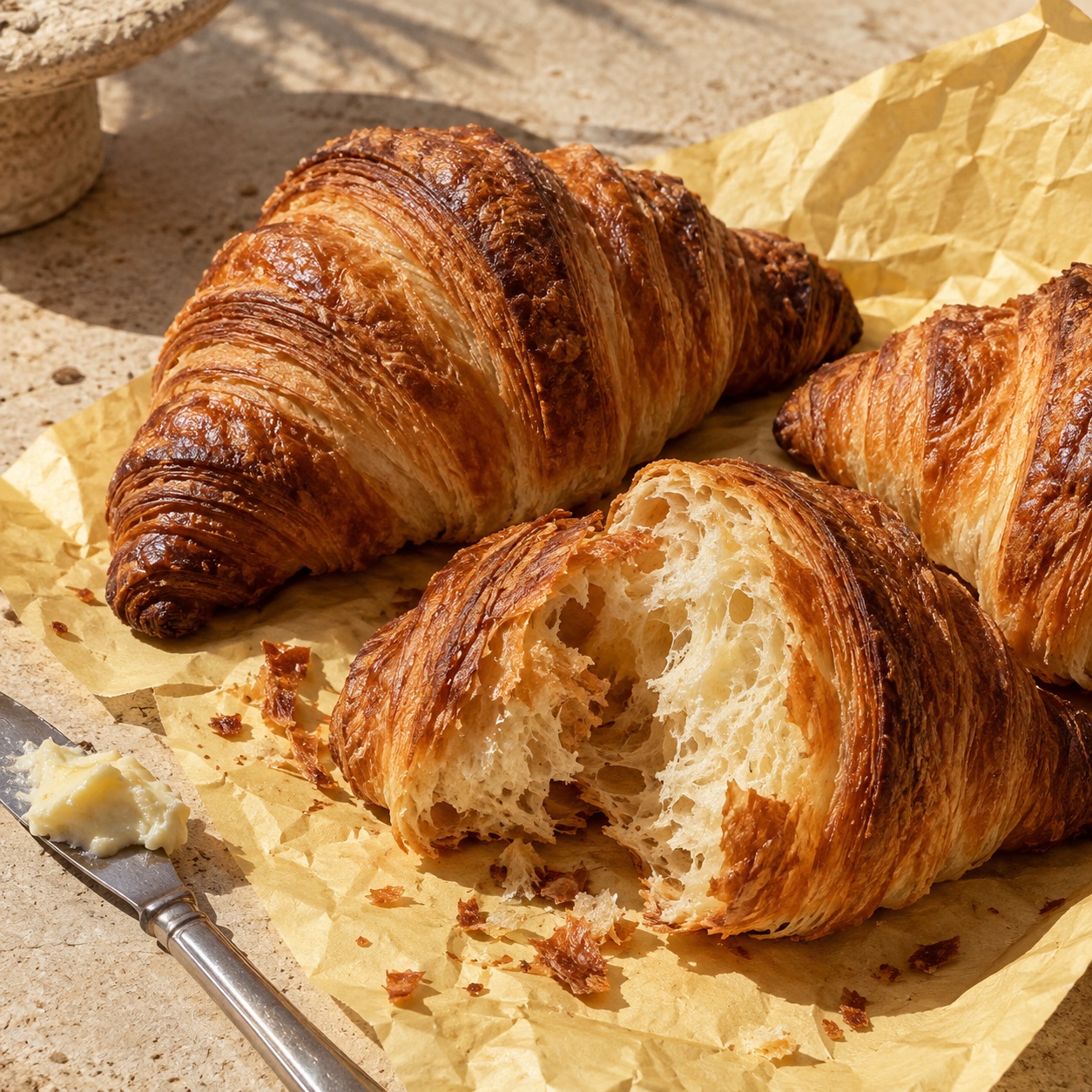 Golden croissants with delicate flaky layers on butter-yellow paper