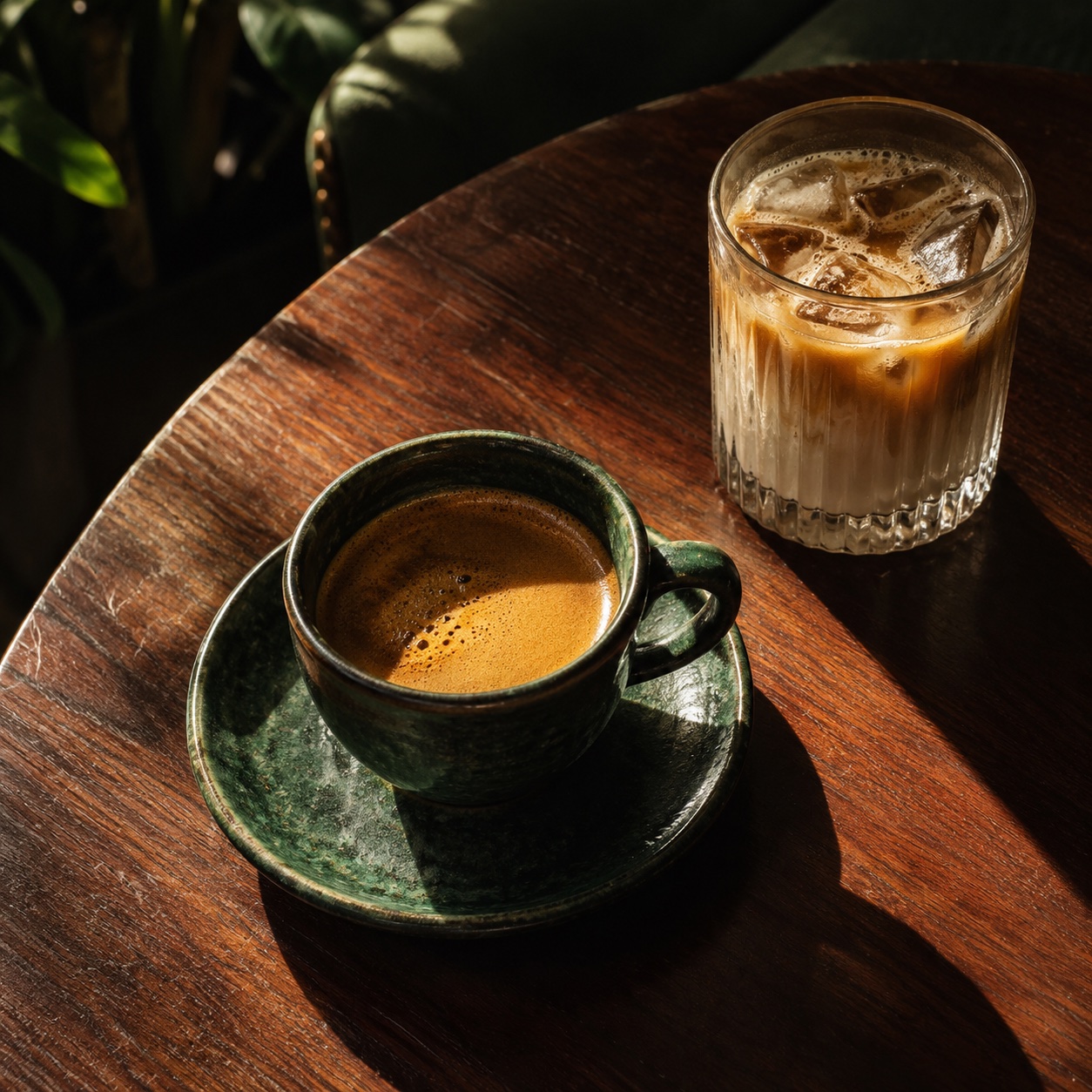 Espresso and iced coffee catching the afternoon light on a café table