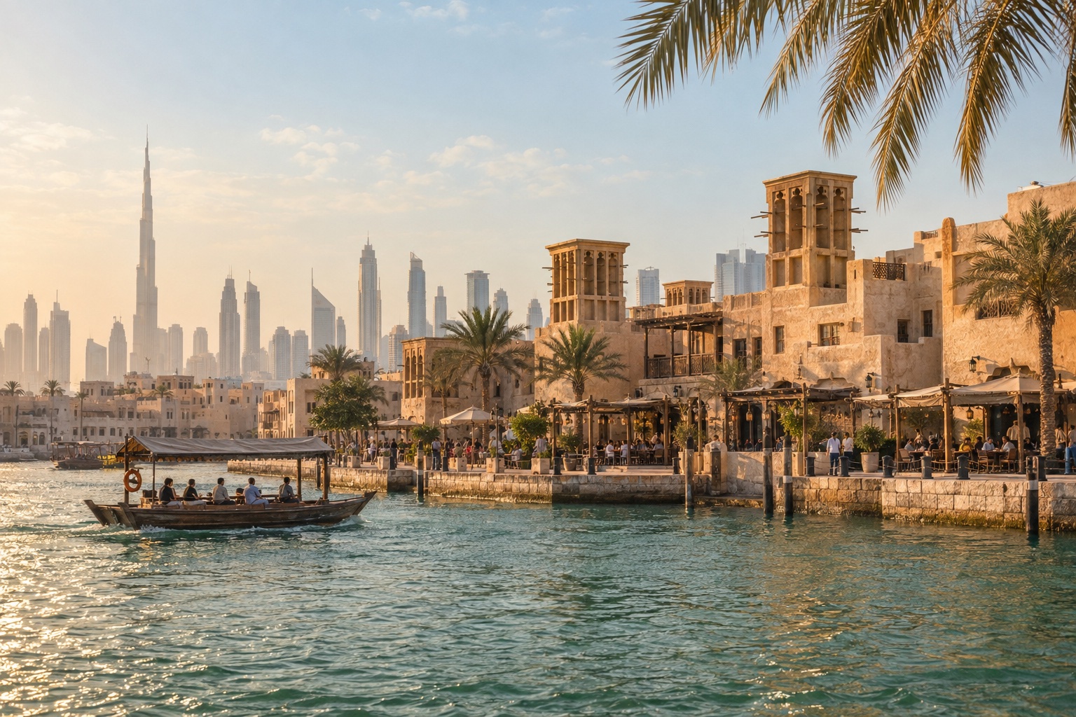 An atmospheric Dubai-inspired waterfront scene with wind towers, an abra and the distant skyline